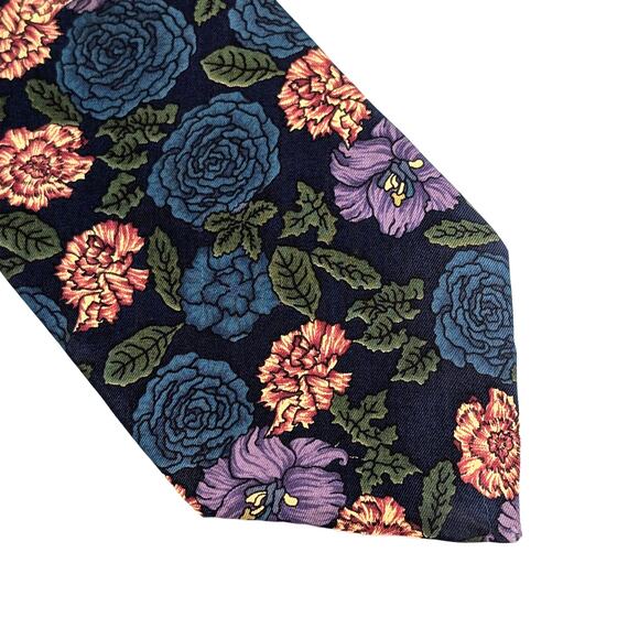 Vintage Viaggio Tie Silk Twill Bold Floral Tapestry Inspired Navy Purple Red 90s - Picture 5 of 9
